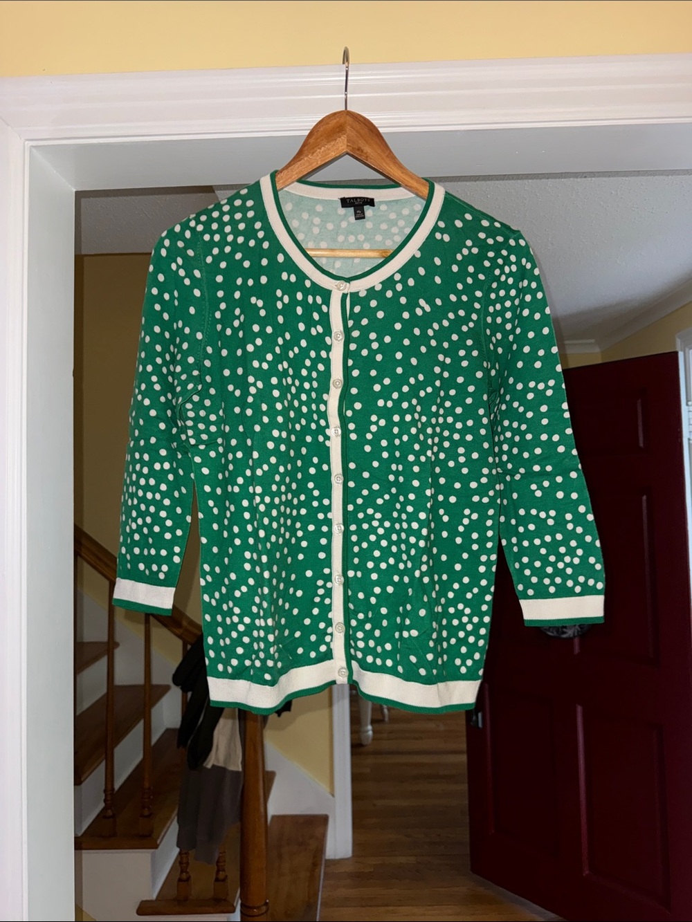 Talbots Green Polka Dot Cardigan with Ivory Trim
